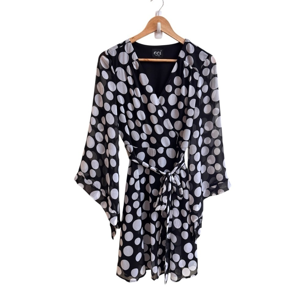 Eci Black White Polka Dot Faux Wrap Kimono Sleeve Knee Length Womens Sz 4 V Neck